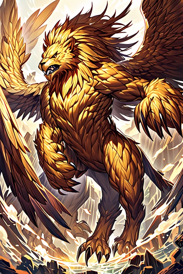 The griffin is a mythological creature, whose front part is that of a giant eagle, with white feathers, sharp beak and powerful claws. The back is that of a lion, with yellow fur, muscular legs and a long tail.