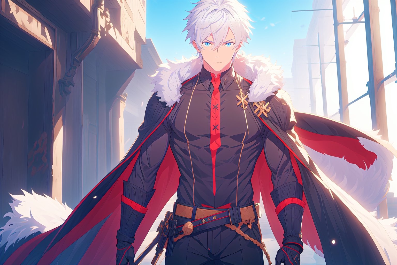 solo , arrogant smile, short hair, bangs, blue eyes, shirt, gloves, long sleeves, 1man,, closed mouth, muscle body, standing, white hair, male focus, cowboy shot, black gloves, belt, pants, fur trim, black shirt, black pants, gold trim, gilgamesh \(fate\)