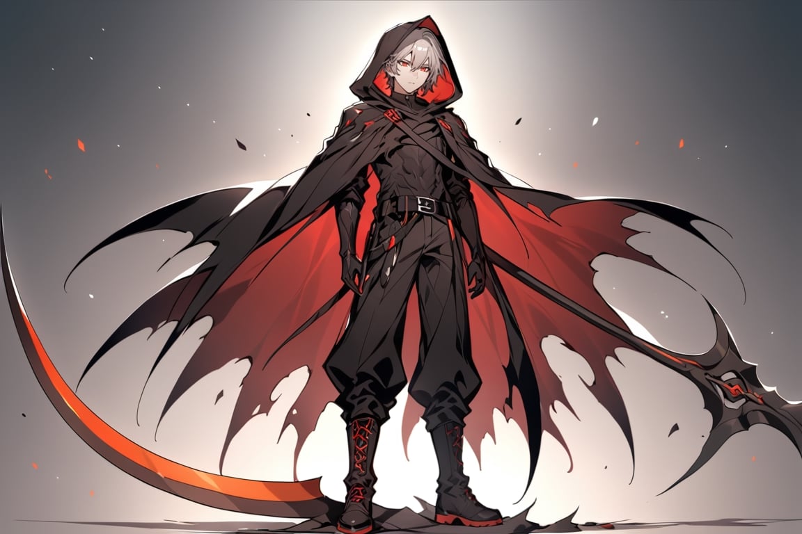 solo, looking at viewer, 1boy, holding, hair between eyes, closed mouth, standing, weapon, gray hair, eyes red , male focus, boots, belt, pants, hood, medium hair, cape, black footwear, holding weapon, gradient, torn clothes, gradient background, black pants, cloak, black cape, scythe, black cloak, holding scythe, torn cape, torn,blad4