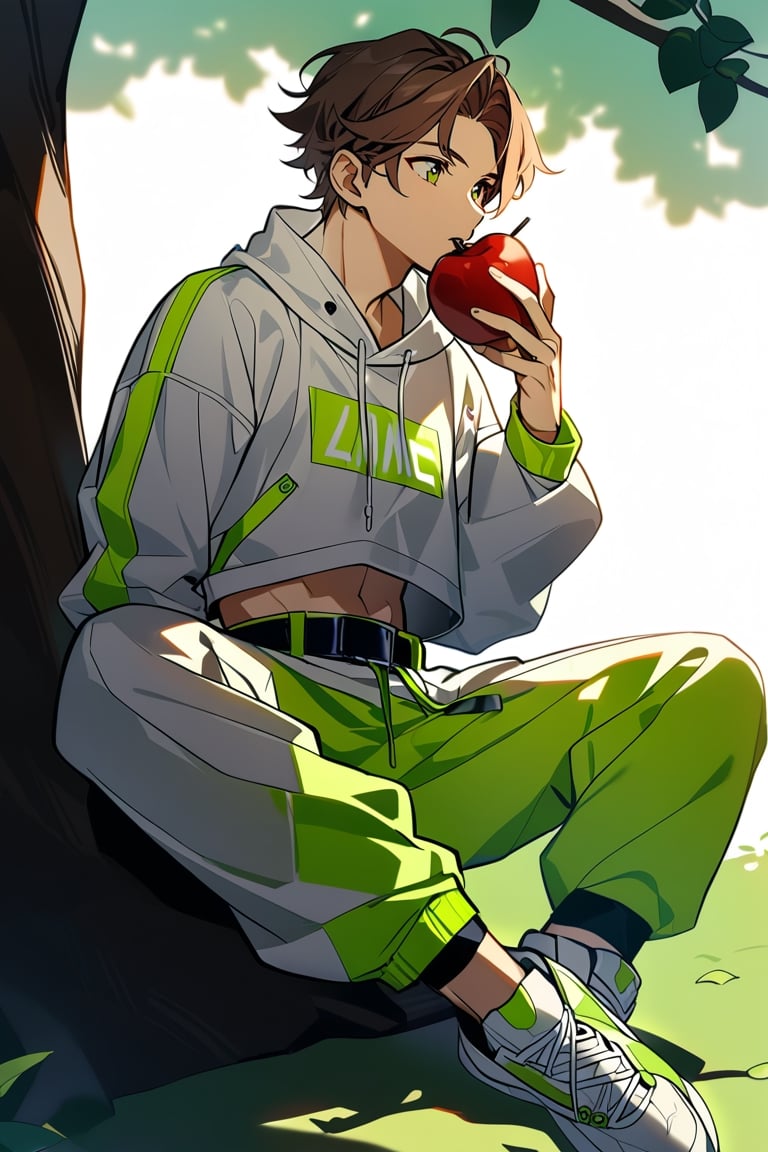 1 man, brown hair with lime green highlights, bright lime green eyes, masculine focus, modern white and lime clothing, sweatshirt big, sitting under the shade of a park tree, tall stature, athletic body, crop top, belt, pants, eating an apple,TechStreetwear
