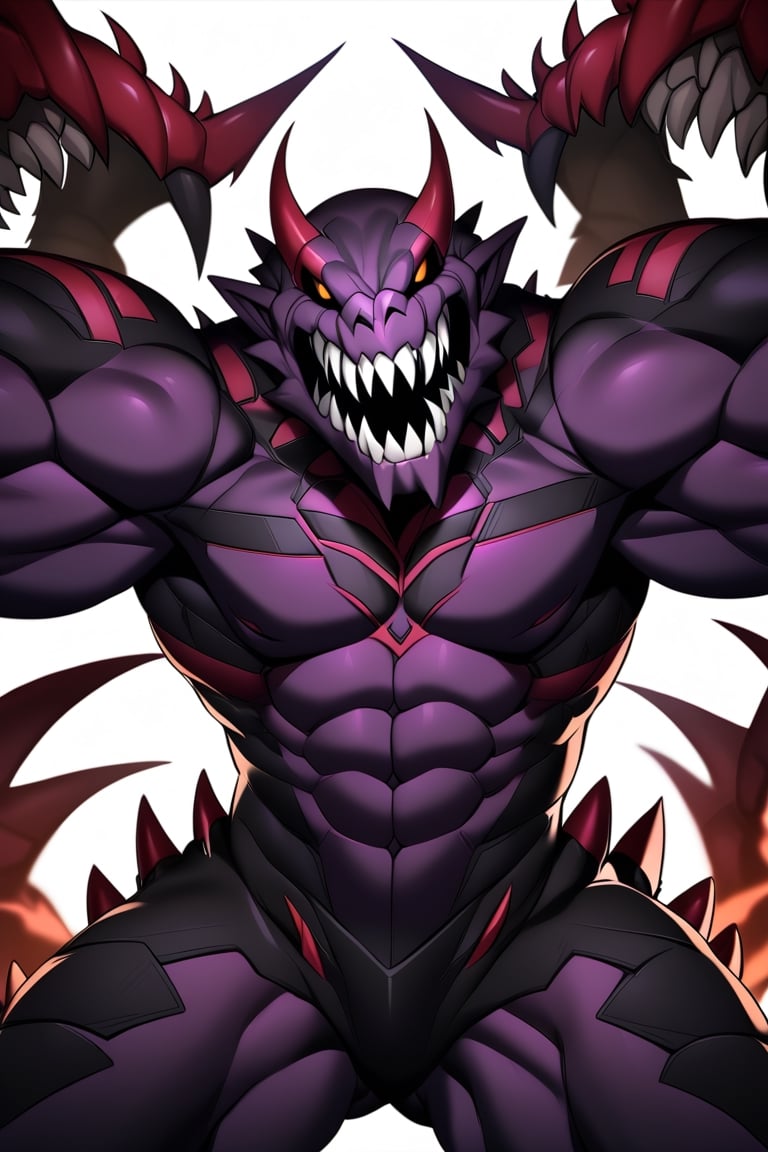 man, piranhas humanoid in shape, demonic, purple, black and white, sharp teeth, four arms,large jaws,warrior,anthro