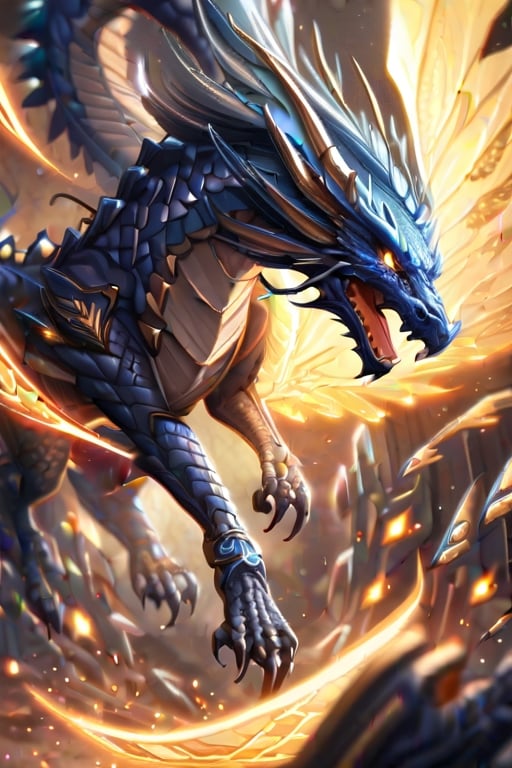 a blue silver dragon, moving tail, delicate tattered wings, glowing embers, glowing, detailed and detailed sci-fi fantasy background,,no human