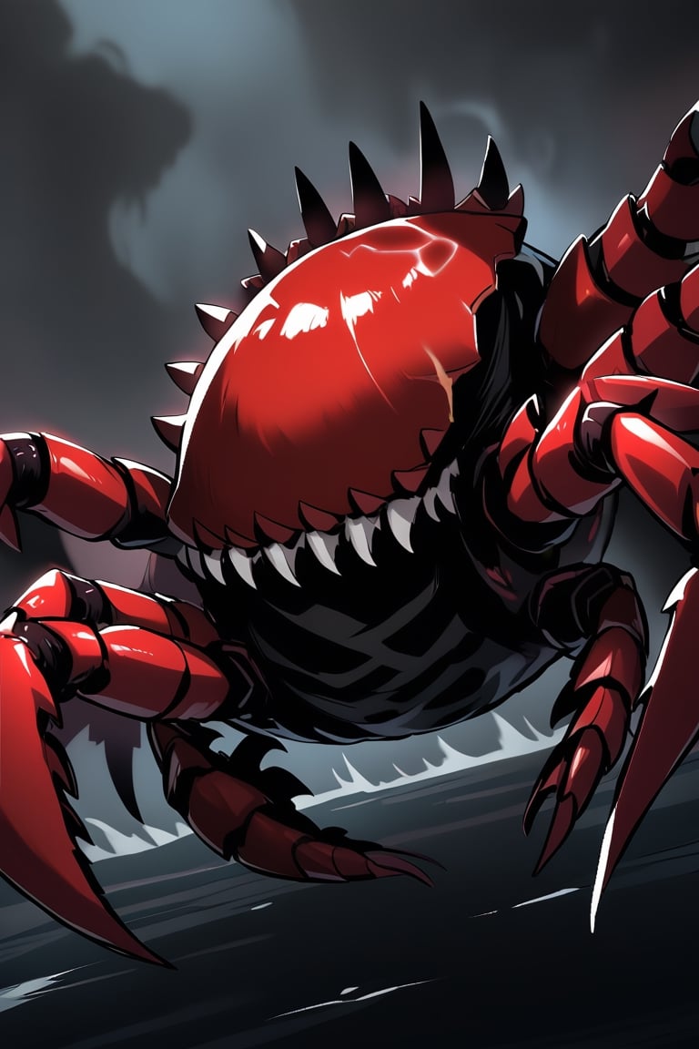 alone, monster crab, spines, crab legs coming out of its back, red armor with black stripes, dark aura