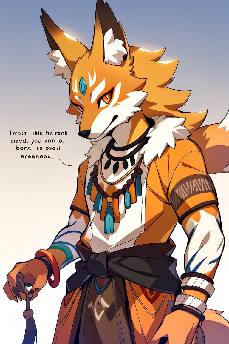 a fox man, dark blonde and white fur, orange eyes, quote necklace, bracelets, shaman clothing,anthro