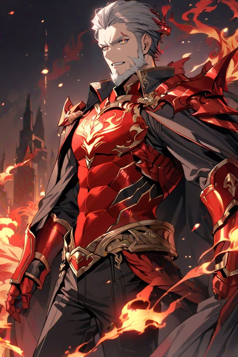  an older gentleman, revealing part of his body and his tattoo of a red dragon on his shoulder. His hair is gray, green eyes, red Chinese shirt, black pants, with intricate red armor and a dark cape, beard, intricate details, highly detailed eyes, fire aura,