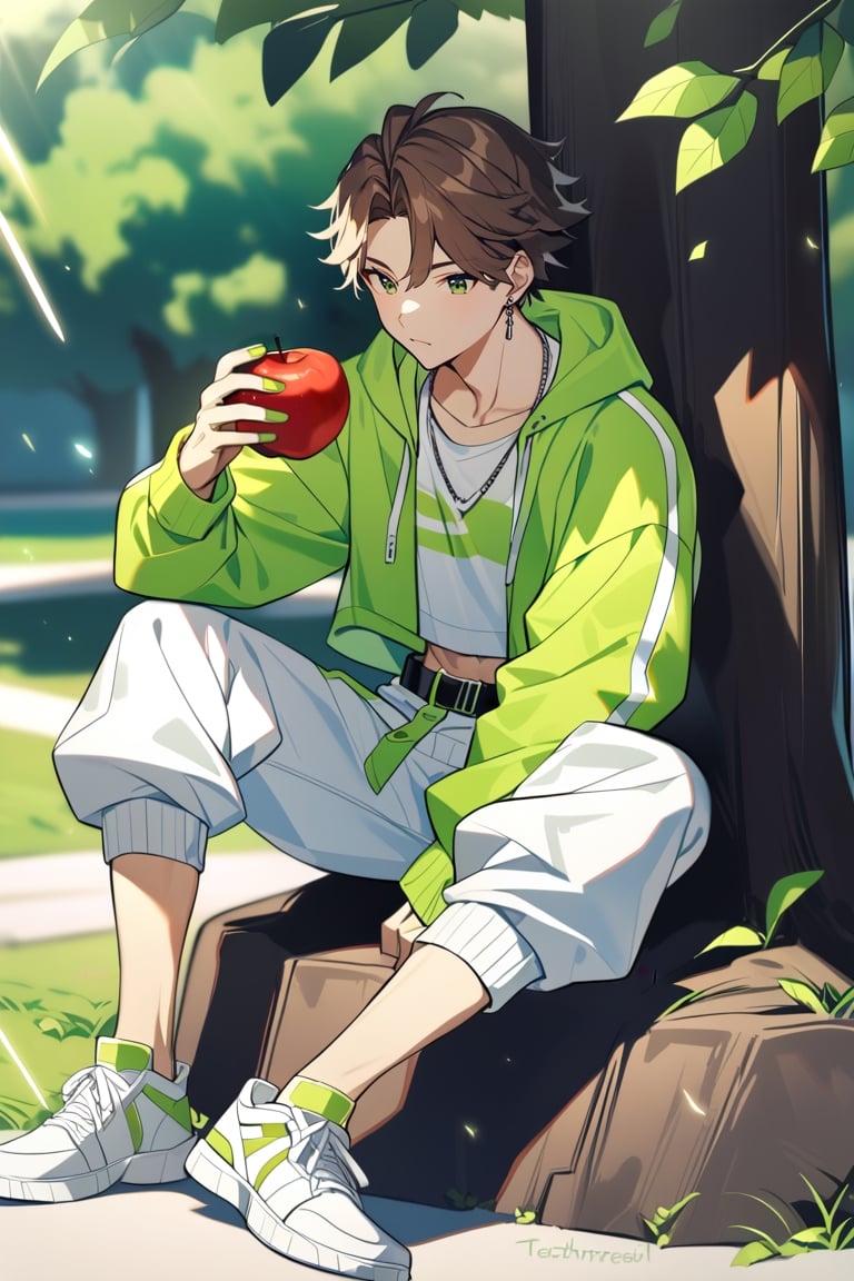 1 man, brown hair with lime green highlights, bright lime green eyes, masculine focus, modern white and lime clothing, sweatshirt big, sitting under the shade of a park tree, tall stature, athletic body, crop top, belt, pants, eating an apple,TechStreetwear