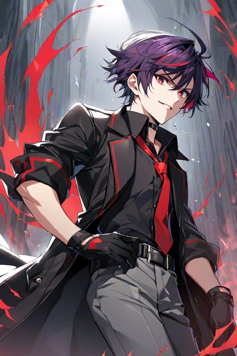 1 boy, black and purple hair, multicolored hair, short hair, red eyes, collared shirt, red tie, black gloves, choker, black belt, black coat, boots, gray pants, rolled up sleeves, jacket, with a displeased expression,aura red,sieghart