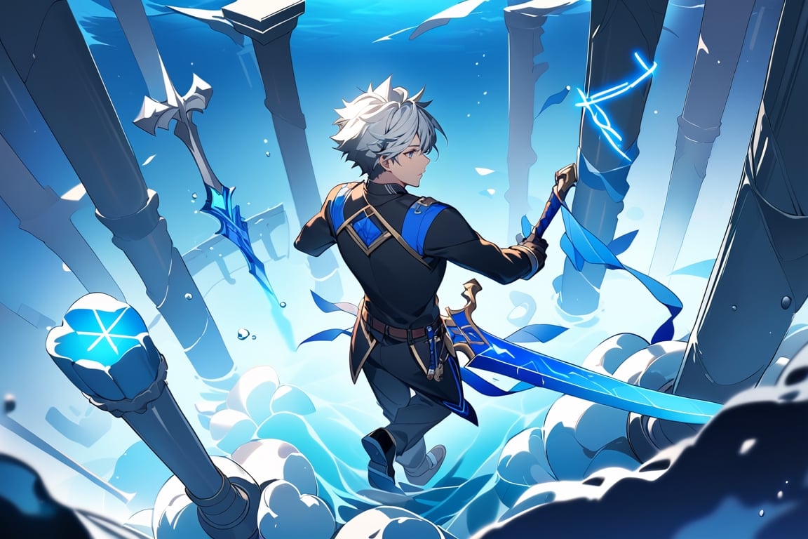 solo, arrogant smile,  short hair, white hair, spiked hair, pixie cut, bangs, blue eyes, shirt, gloves, long sleeves, 1man, huge sword,standing, white hair, male focust,muscle body, black gloves, belt, pants, blue trim, black shirt, black pants, gold trim, (Large shiny blue sword with runes on it:1.3), sword, Underwater world, Under the sea, Top-down perspective, From high above, only background, water,scenery, pillar, A deep-sea scene beneath a thick ice layer that reveals the texture and transparency of the ice, casting a cold blue hue. Below the ice, columns and structures of frozen formations create a unique under-ice landscap in background