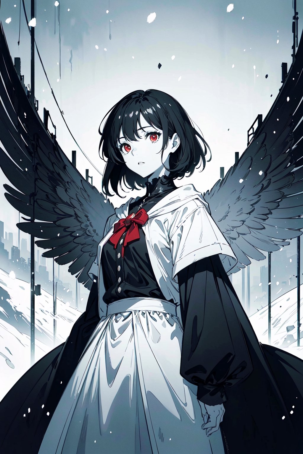 ((masterpiece, best quality)),(monochrome art),snow white,black hair hair,red eyes,professor outfit,Redayana, background in the tartarus