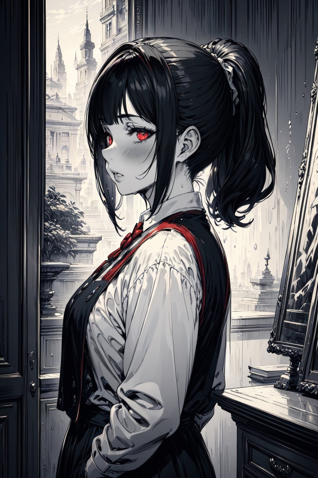 ((masterpiece, best quality)),(monochrome art),kaguya shinomiya,black hair hair,red eyes,professor outfit,Redayana, background in the tartarus