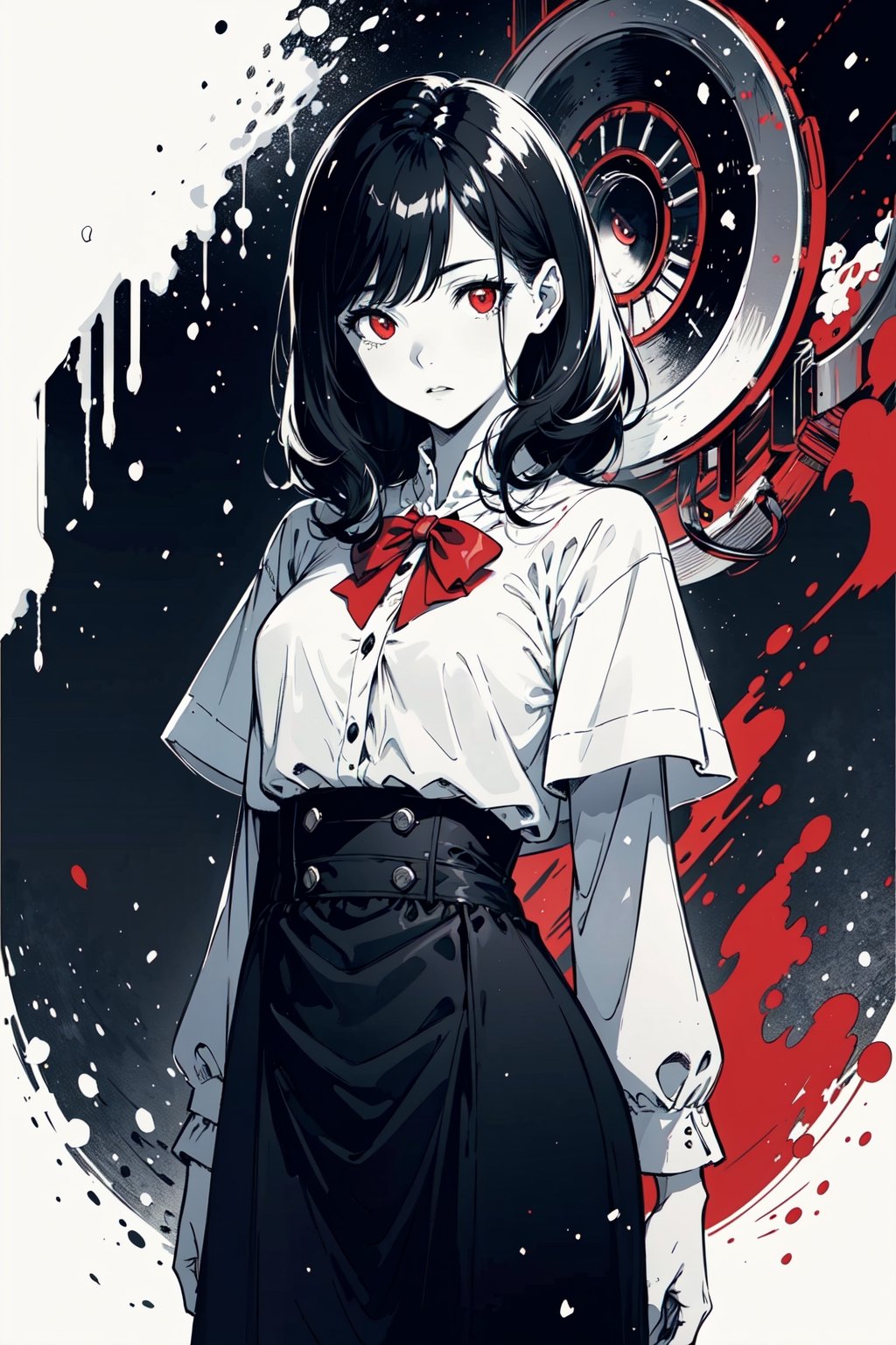 ((masterpiece, best quality)),(monochrome art),snow white,black hair hair,red eyes,professor outfit,Redayana, background in the tartarus