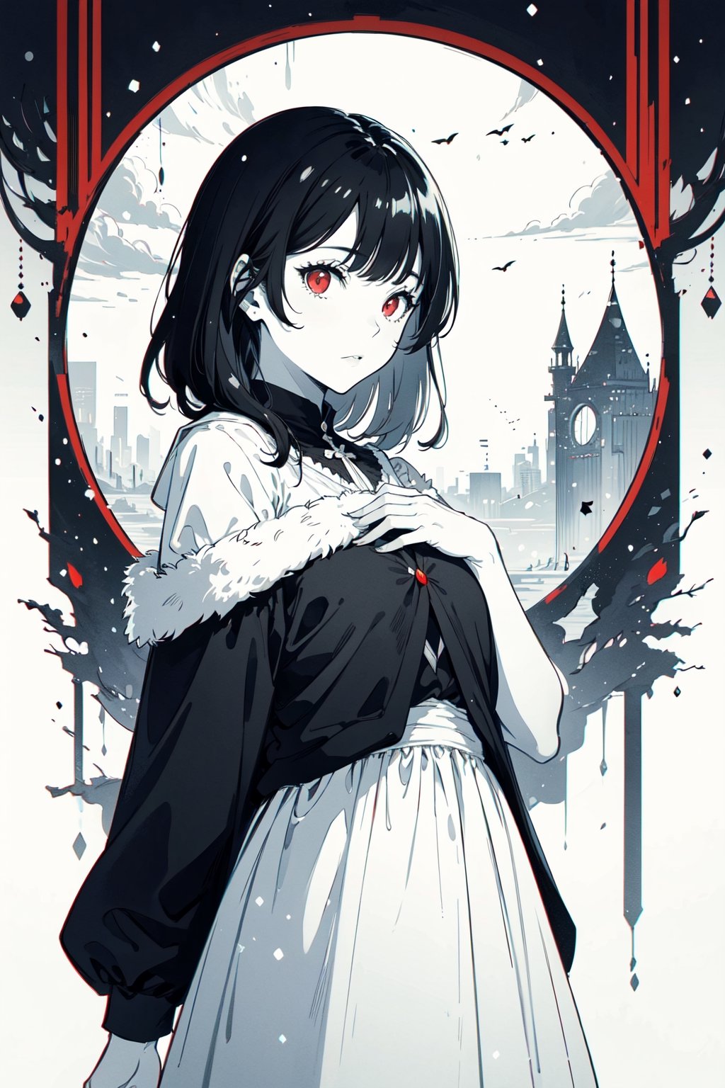 ((masterpiece, best quality)),(monochrome art),snow white,black hair hair,red eyes,professor outfit,Redayana, background in the tartarus