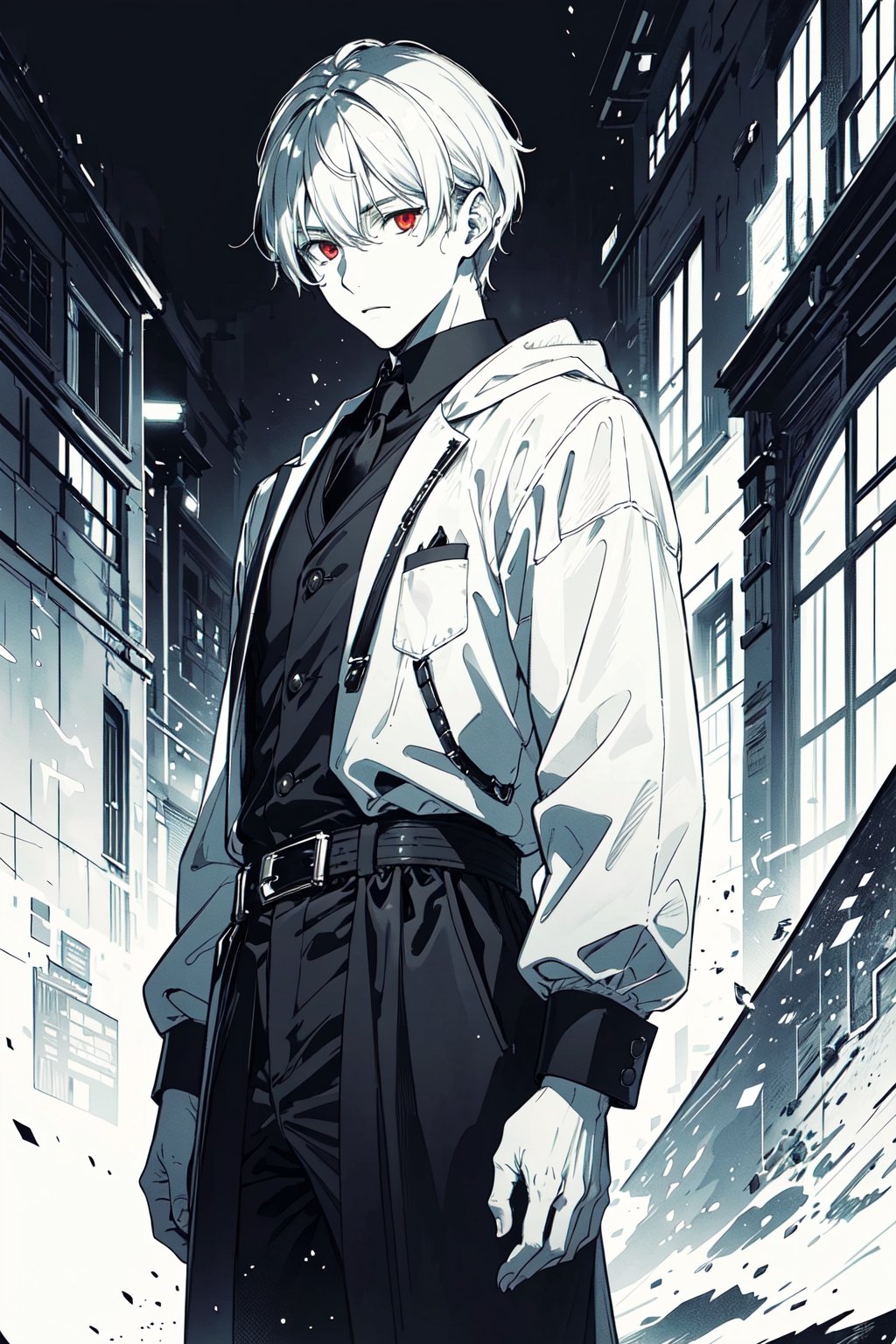 ((masterpiece, best quality)),(monochrome art),1men,silver hair,red eyes,professor outfit,Redayana, background in the tartarus