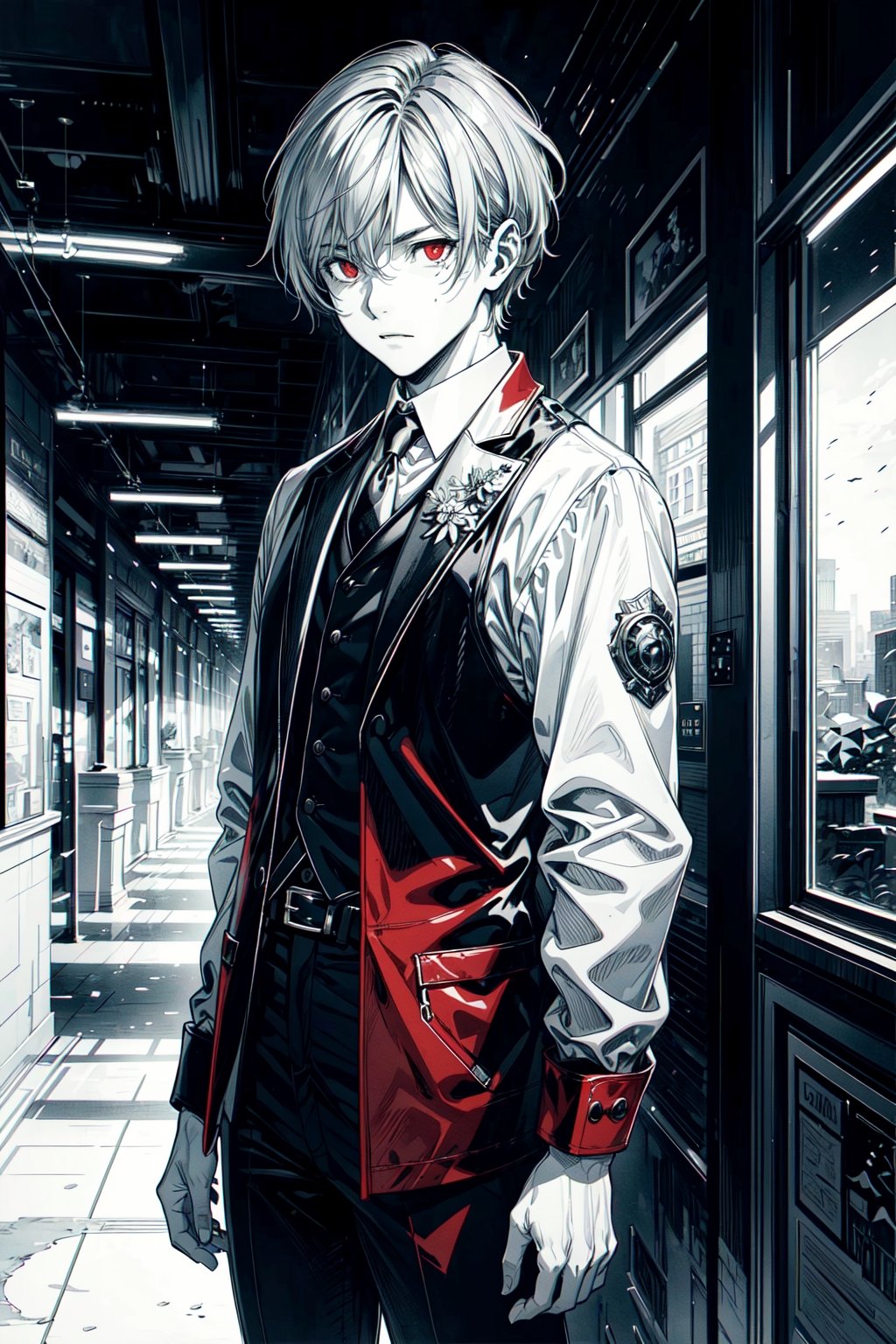 ((masterpiece, best quality)),(monochrome art),1men,silver hair,red eyes,professor outfit,Redayana, background in the tartarus