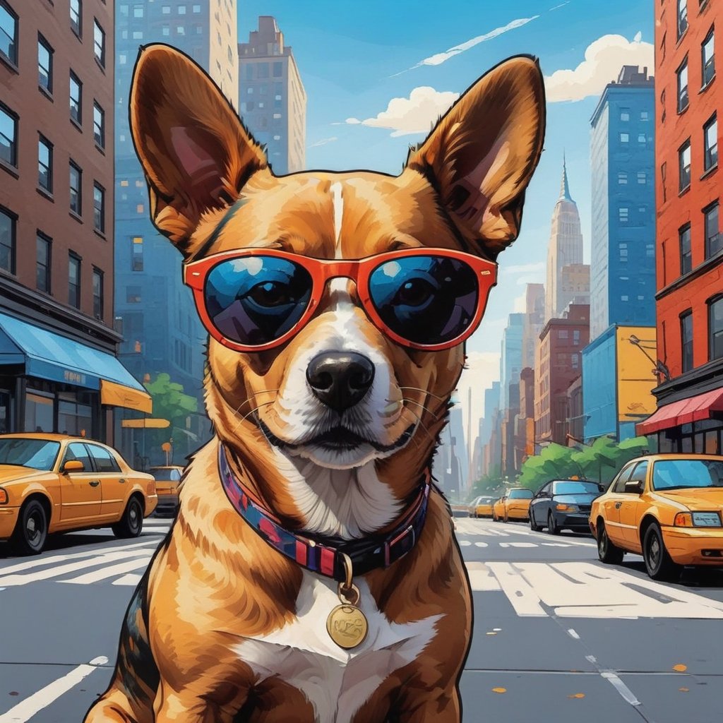 painting with visible brush strokes. a dog wears sunglasses,New York City Background, comic style.