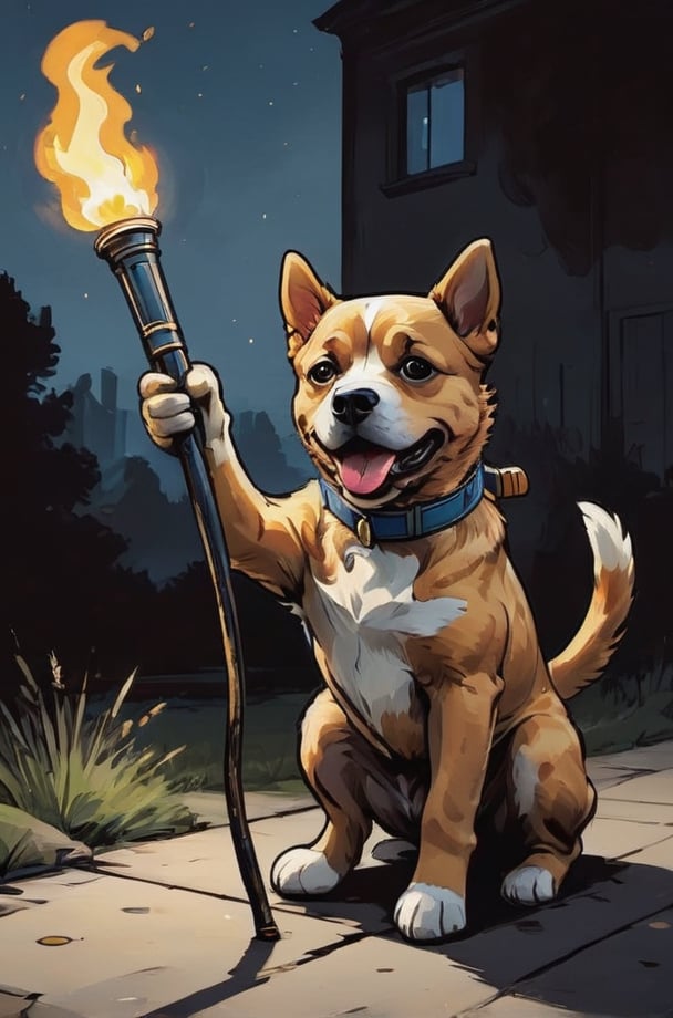 painting with visible brush strokes. a dog holding a torch. comic style.