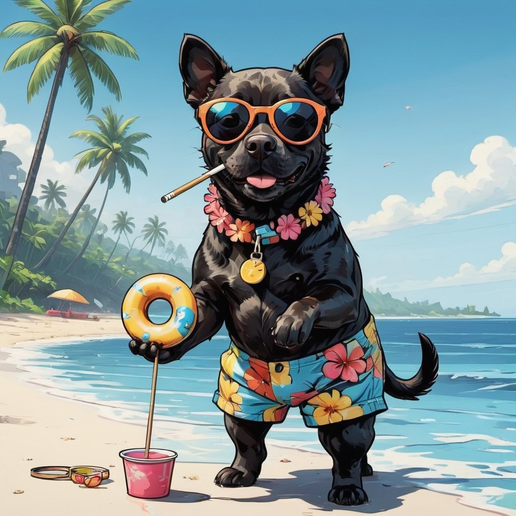 painting with visible brush strokes. a dog wears flower strip shorts with a rubber ring in the ocean, black sunglasses, smokes a cigaret, holding coconut, comic style.