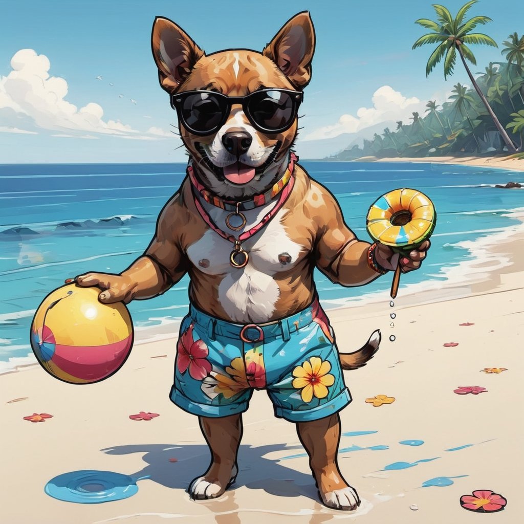 painting with visible brush strokes. a dog wears flower strip shorts with a rubber ring in the ocean, black sunglasses, smoke a cigaret and holding coconut, comic style.