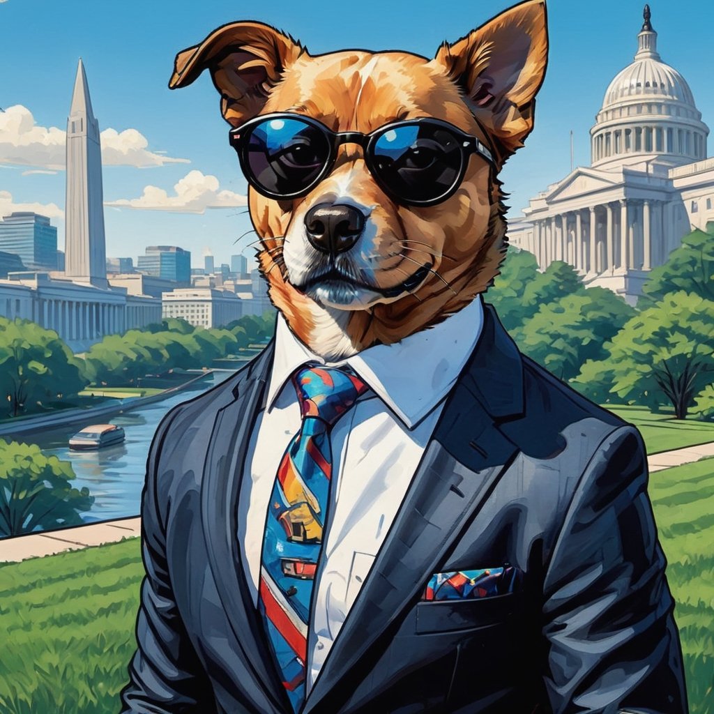 painting with visible brush strokes. a dog wears sunglasses,wearing suit, Washington DC Background, comic style.