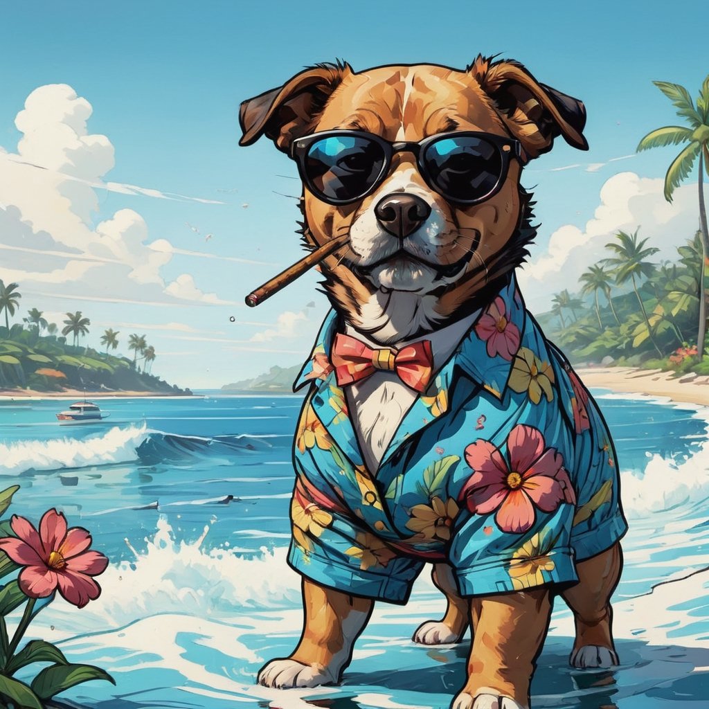 painting with visible brush strokes. a dog wears flower strip shorts in the ocean, black sunglasses, smokes a cigar, six pack, comic style.