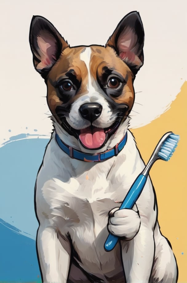 painting with visible brush strokes. a dog holding a toothbrush . comic style.