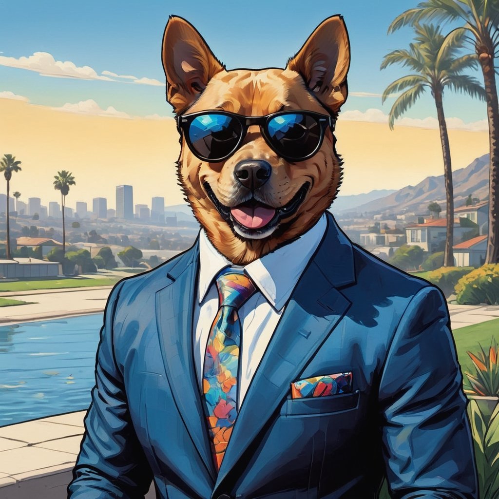 painting with visible brush strokes. a dog wears sunglasses,wearing suit, California Background , comic style.