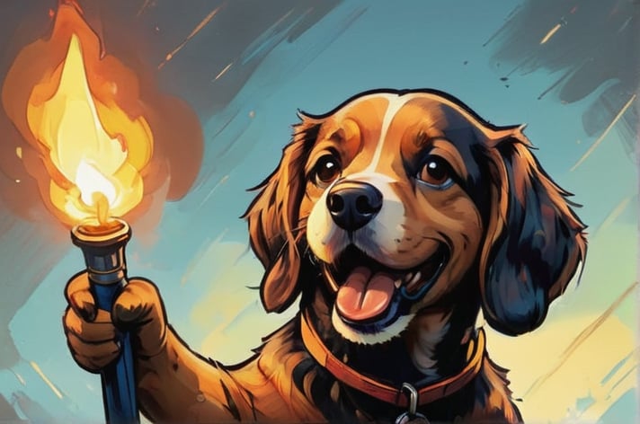 painting with visible brush strokes. a dog holding a torch. comic style.