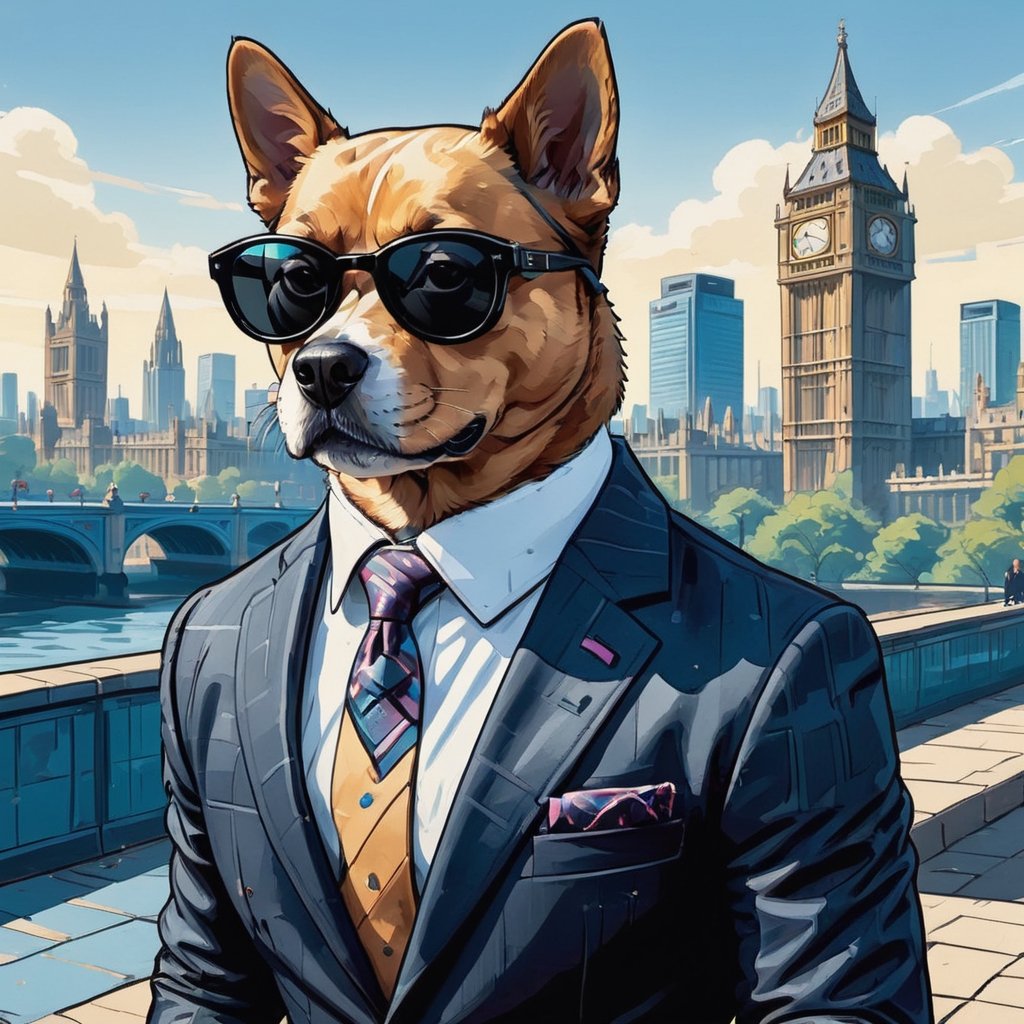 painting with visible brush strokes. a dog wears sunglasses,wearing suit, London Background , comic style.