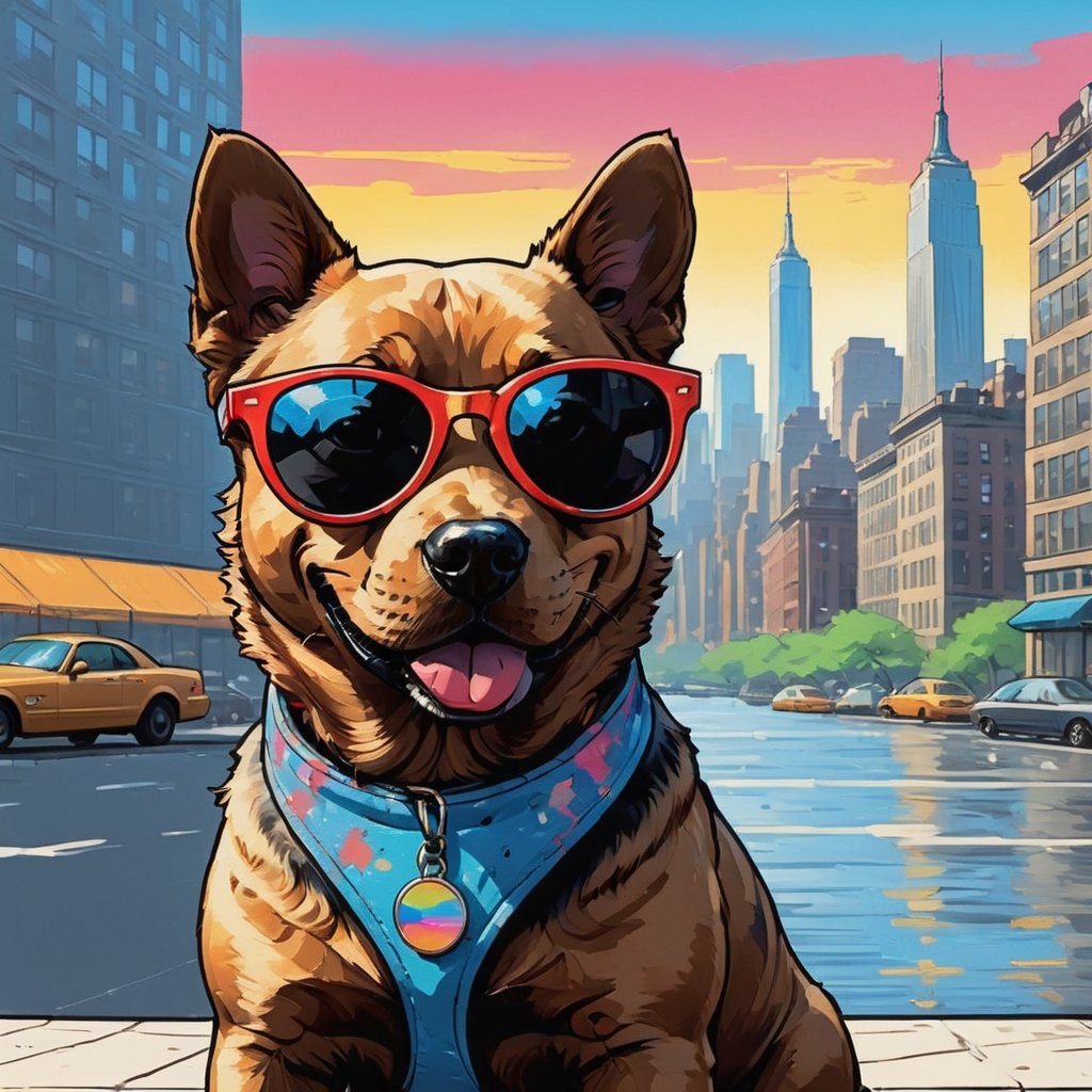 painting with visible brush strokes. a dog wears sunglasses,New York City Background, comic style.