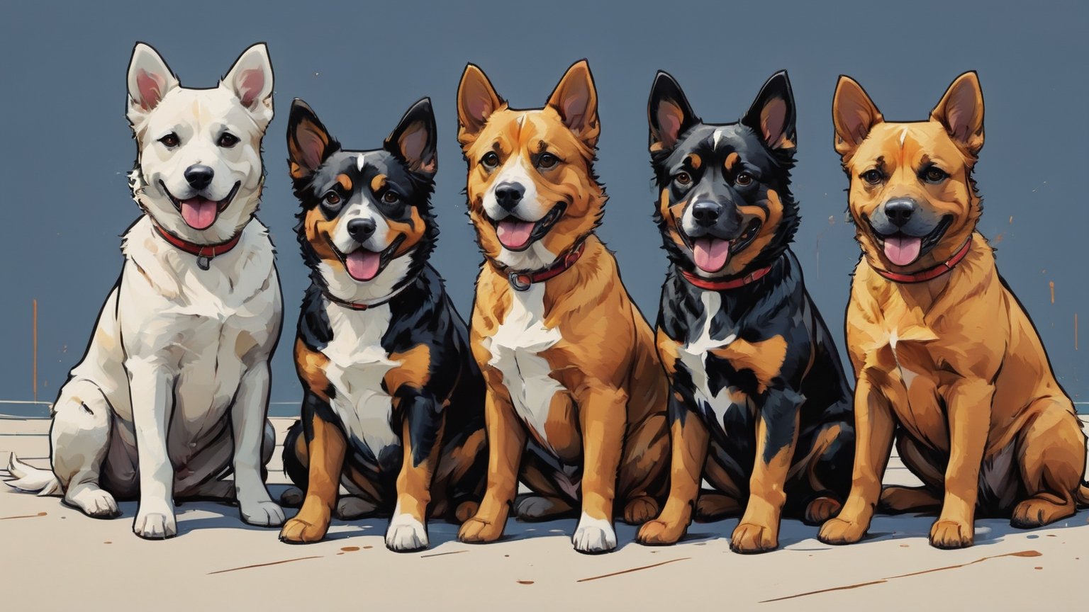 painting with visible brush strokes. 5 dogs sit together. comic style.