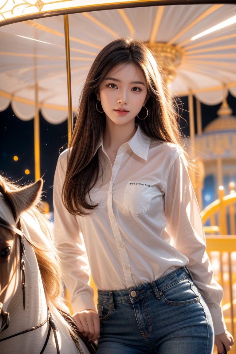 background is amusement park,
18 yo, 1 girl, beautiful korean girl,
wearing white collared long sleeve shirts,short jeans, smile,ride a merry-go-round, solo, {beautiful and detailed eyes}, dark eyes, calm expression, delicate facial features, ((model pose)), Glamor body type, (dark hair:1.2), simple tiny earrings, very_long_hair, hair past hip, bang, straight hair, flim grain, realhands, masterpiece, Best Quality, 16k, photorealistic, ultra-detailed, finely detailed, high resolution, perfect dynamic composition, beautiful detailed eyes, eye smile, ((nervous and embarrassed)), sharp-focus, full_body, cowboy_shot,