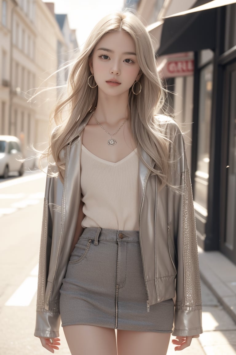 background is street,1 girl, 18 yo, beautiful girl, walking on the street, wearing Chanel jacket and mini skirt,full body shot,
solo, {beautiful and detailed eyes}, dark eyes, calm expression, delicate facial features, ((model pose)), Glamor body type, slim waist,(grey blonde hair),long Bright wavy hair,very_long_hair, hair past hip,long straight hair,bangs,pale skin,detailed skin,hairpins,
simple tiny necklace,simple tiny earrings, flim grain, realhands, masterpiece, Best Quality, 32k, photorealistic, ultra-detailed, finely detailed, high resolution, perfect dynamic composition, beautiful detailed eyes, sharp-focus, cowboy_shot, 