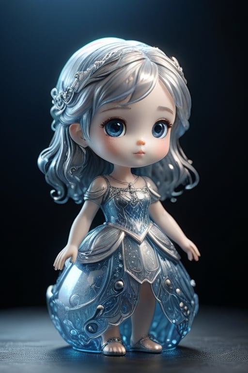 Cute little maiden, made of glass material with glowing patterns on its body, in silver and blue colors, standing upright against a dark background. The style is cute cartoon realism, with soft lighting, clear details, and a closeup perspective. It has an extremely delicate texture, with high definition resolution, full of vitality, in the style of.