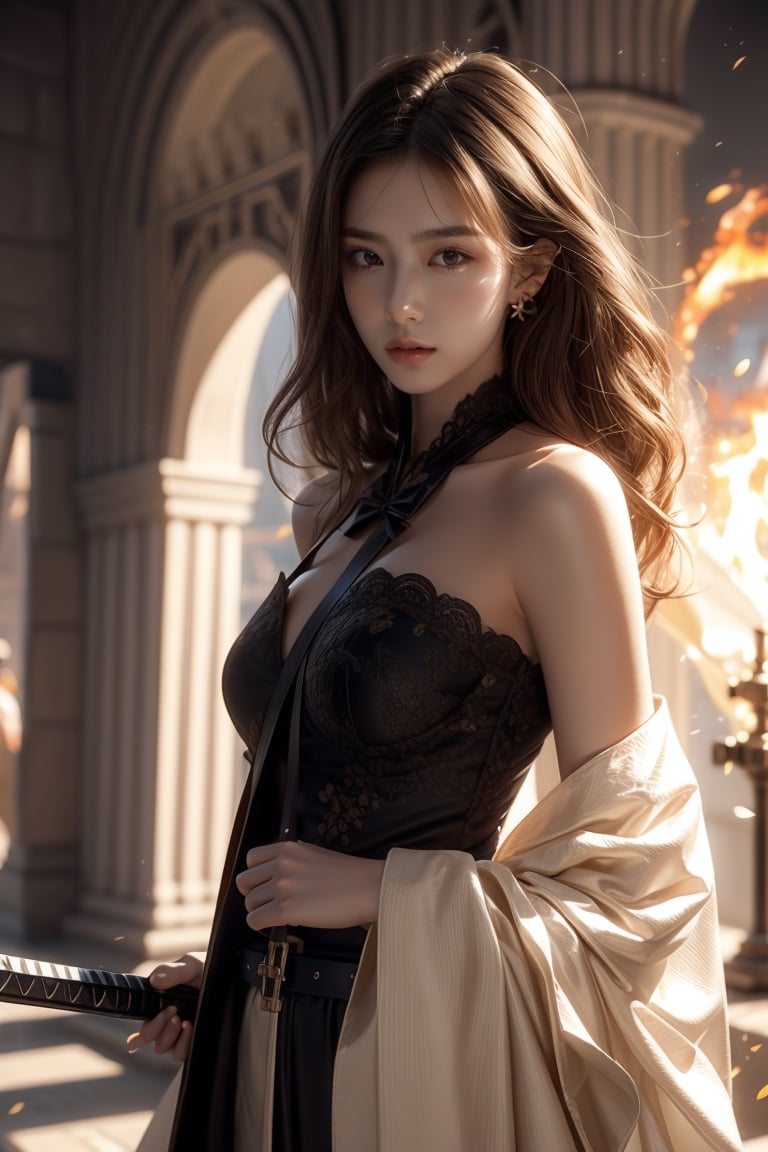 background is ancient war,castle,wall,gate,fire,smoke,an archer,1 girl,beautiful korean girl,bare left shoulder,
wear quiver at belt, holding a bow,holding_katana,hair_past_waist(curly hair, dark hair),
Best Quality, photorealistic, ultra-detailed, finely detailed, high resolution, perfect dynamic composition, sharp-focus, 