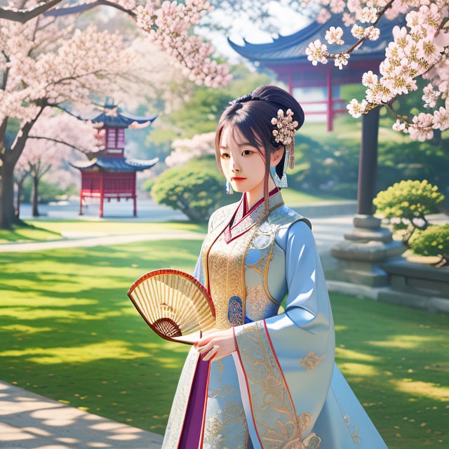 A portrait of an ancient Chinese beauty, set in a serene garden with cherry blossoms and a traditional pagoda in the background. She wears an elegant Hanfu dress with intricate embroidery, her hair styled in an elaborate updo with jade ornaments. Soft, natural lighting illuminates her serene expression, framed by the delicate petals of the cherry blossoms. The composition focuses on her graceful pose, holding a delicate fan, capturing the essence of ancient Chinese elegance and beauty.