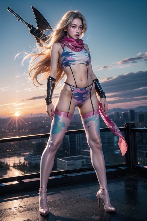 Full body photo standing sideways, beautiful sunset, sexy young female warrior, slender waist, plump and slender figure, long blond hair with butterfly hair accessories swaying in the wind, exquisite makeup, wearing transparent pink camouflage tights. Fighting, wearing uniform, red silk scarf, pink suspender hollow stockings, pink 10-inch high heels, standing on the edge of the roof, waist straight, legs spread, holding advanced rifle gun, fighting city background, 8K Artgerm, more detail