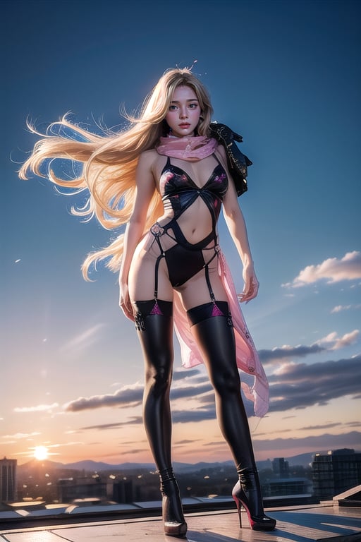 Full body shot standing sideways, beautiful sunset, sexy young female warrior, slender waist, plump and slender figure, long blond hair with butterfly hair accessories swaying in the wind, exquisite makeup, wearing a damaged transparent pink camouflage tights , wearing uniform, red silk scarf, pink suspender hollow stockings, pink 10-inch high heels, standing on the edge of the roof, waist straight, legs spread, holding advanced rifle, battle city background, 8K Artgerm, more details