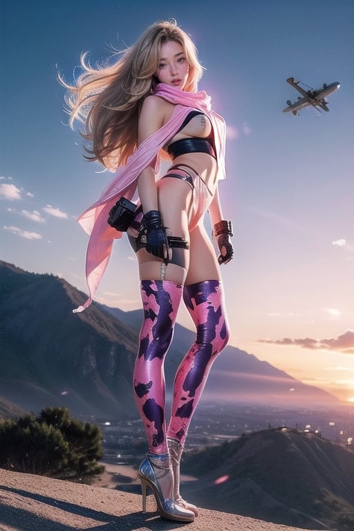 Sideways standing full body photo, beautiful sunset, sexy young female warrior, slender waist, plump and slender figure, half-covering her eyes with a combat helmet, long blond hair swaying in the wind, exquisite makeup, wearing a transparent pink camouflage tights for combat Wearing a uniform and red silk scarf, pink suspender hollow stockings, and pink 10-inch high heels,FLY IN THE SKY and legs spread apart,BOTH HAND holding machine gun, battle city background, 8K Artgerm, more details