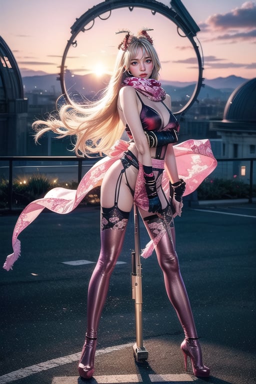 Full body shot standing sideways, beautiful sunset, sexy young female warrior, slender waist, plump and slender figure, long blond hair with butterfly hair accessories swaying in the wind, exquisite makeup, wearing a damaged transparent pink camouflage tights , wearing uniform, red silk scarf, pink suspender hollow stockings, pink 10-inch high heels, standing on the edge of the roof, waist straight, legs spread, holding advanced rifle, battle city background, 8K Artgerm, more details