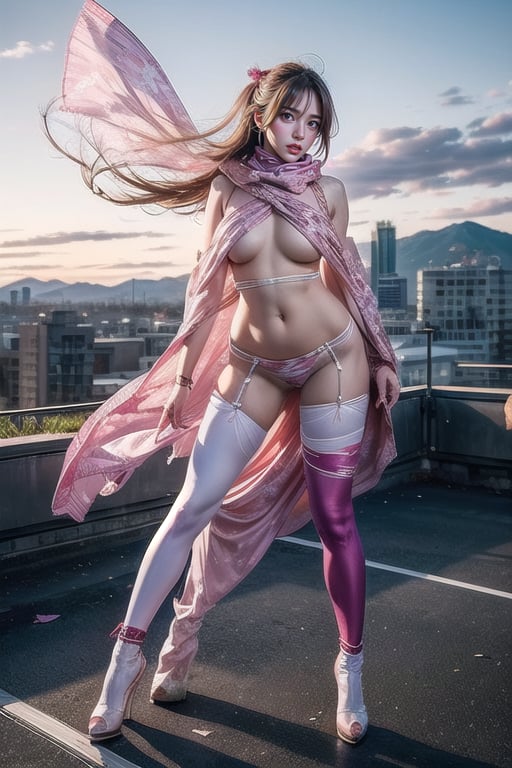 Full body shot standing sideways, beautiful sunset, sexy young female warrior, slender waist, plump and slender figure, long blond hair with butterfly hair accessories swaying in the wind, exquisite makeup, wearing a damaged transparent pink camouflage tights , wearing uniform, red silk scarf, pink suspender hollow stockings, pink 10-inch high heels, standing on the edge of the roof, waist straight, legs spread, holding advanced rifle, battle city background, 8K Artgerm, more details