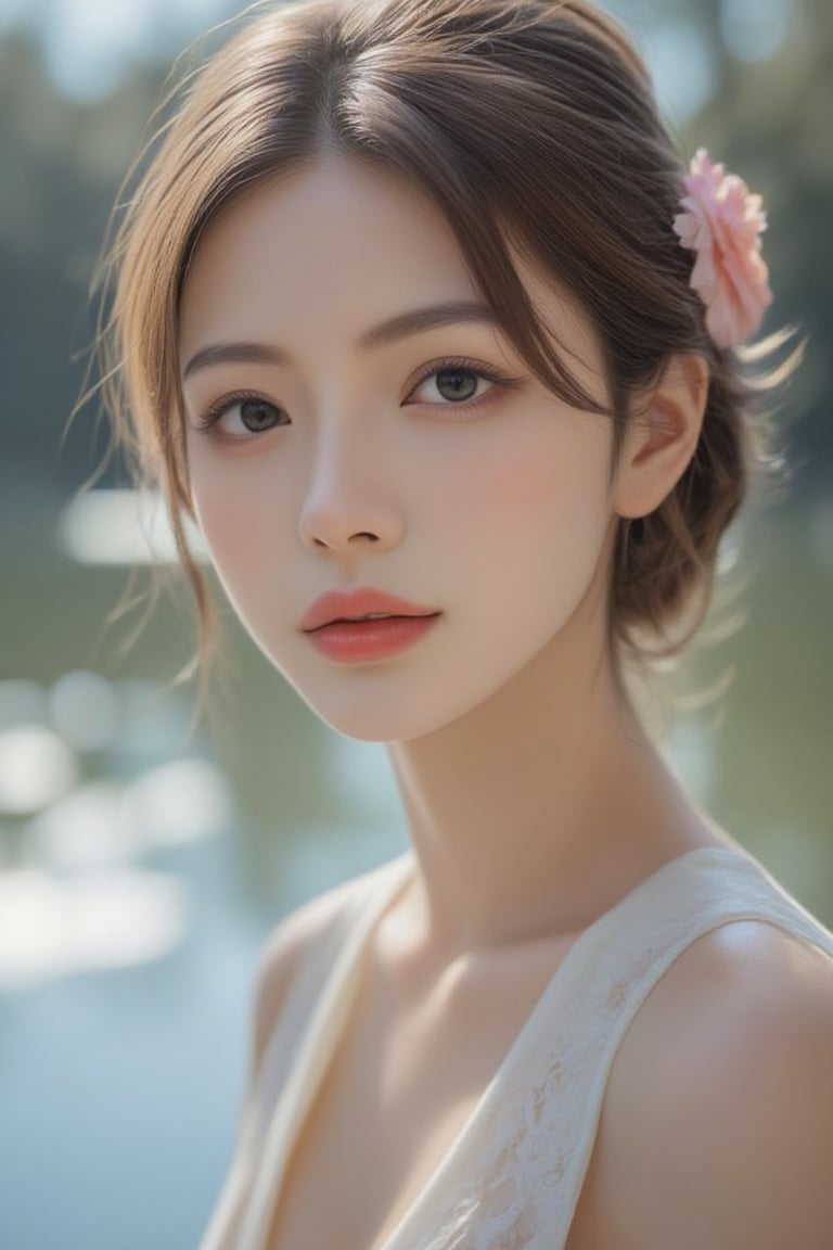 In a serene photo, a young East Asian woman shows off her delicate features in a sophisticated two-piece suit. Her fair skin gleams in the soft natural light, highlighting her large, expressive brown eyes and full pink lips. Her brunette hair was styled into an elegant updo with soft waves and accessorized with a delicate wig decorated with pink flowers and beads. A tranquil lake in the background