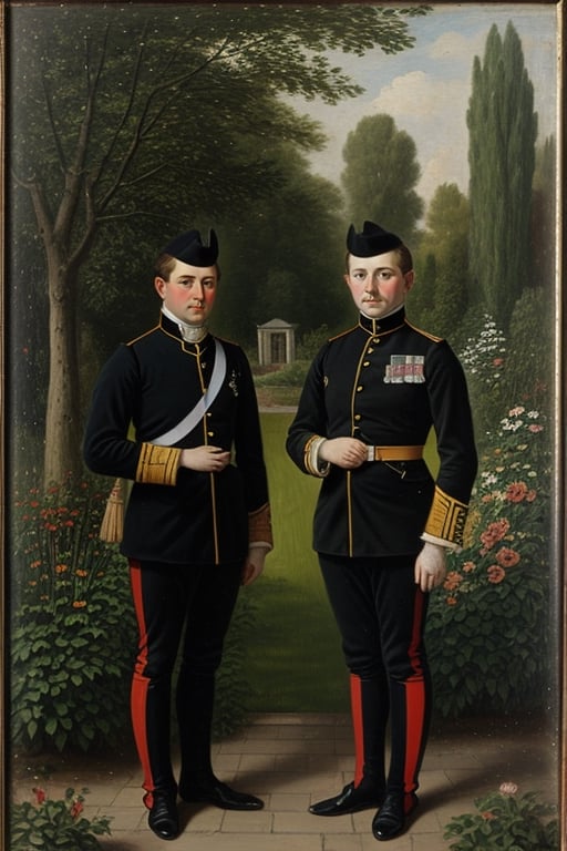 Oil portrait, 19th century, two soldiers portrait, garden