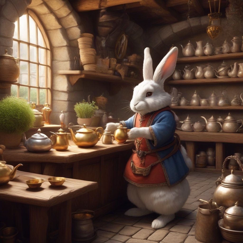 Rabbit Every Monday, in magic art style, makes tea in medival tea shop, very friendly, fluffy