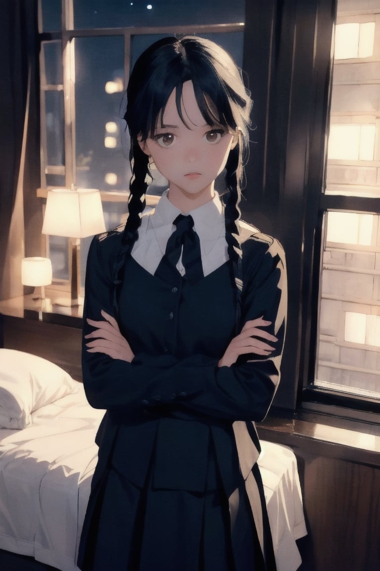 photo of 1girl, (Wednesday Addams), skinny shapely body, long sleeve outfit, standing, indoors, bedroom, (at night), looking at viewer, detailed face, brown eyes, perfect eyes, (side view:0.6)