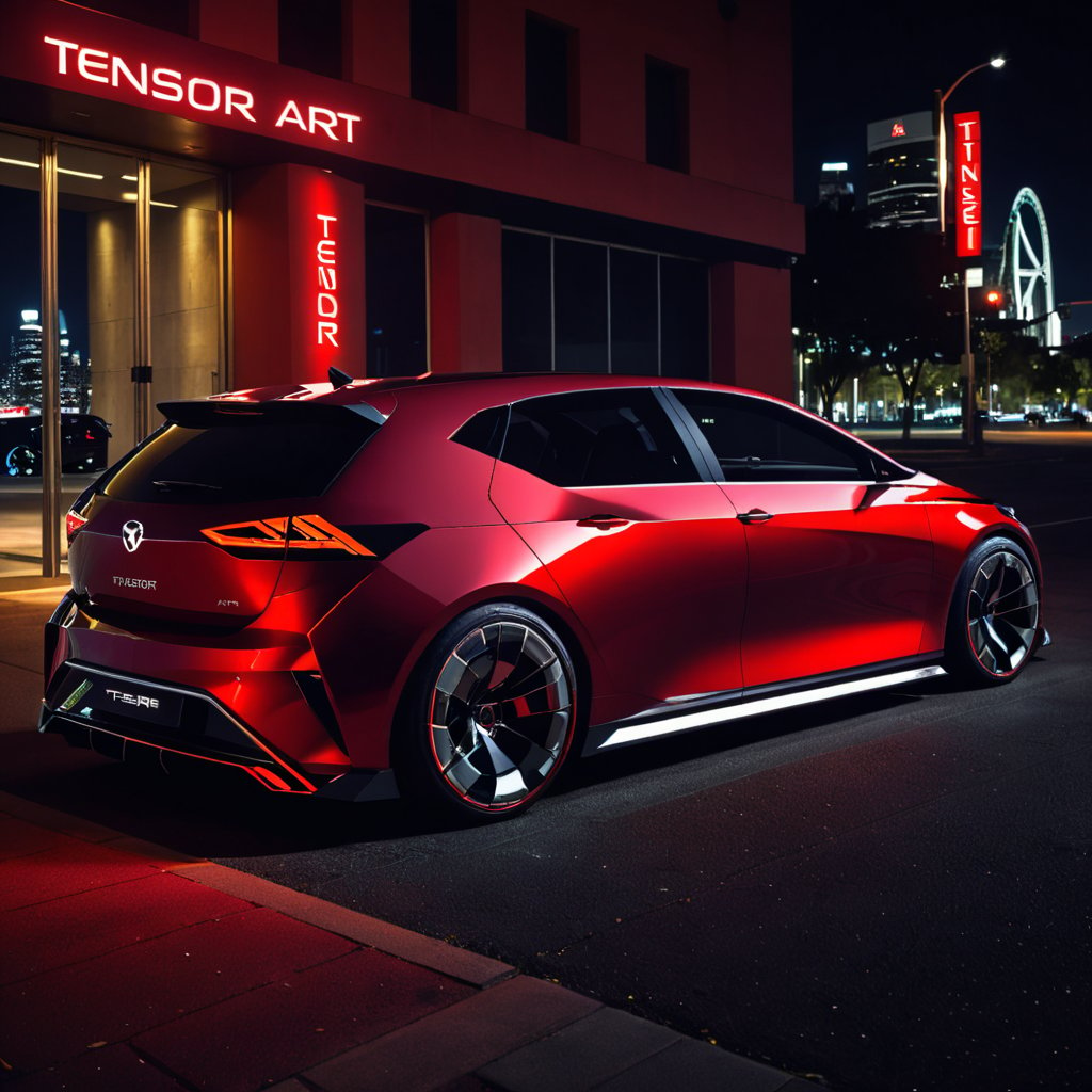 a sigle wedge concept car sitting in urban area at night seen from side view, 2 door hatchback, red chrome paint, (Text that reads "TENSOR ART"), text, outdoors, photorealistic, best quality, masterpiece, (c_car), concept cars