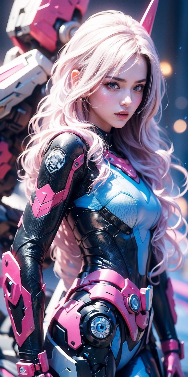 Best picture quality, high resolution, 8k, realistic, sharp focus, realistic image of elegant lady, Korean beauty, supermodel, pure white hair, blue eyes, wearing high-tech cyberpunk style blue Batgirl suit, radiant Glow, sparkling suit, mecha, perfectly customized high-tech suit, ice theme, custom design, 1 girl,swordup, looking at viewer,JeeSoo 