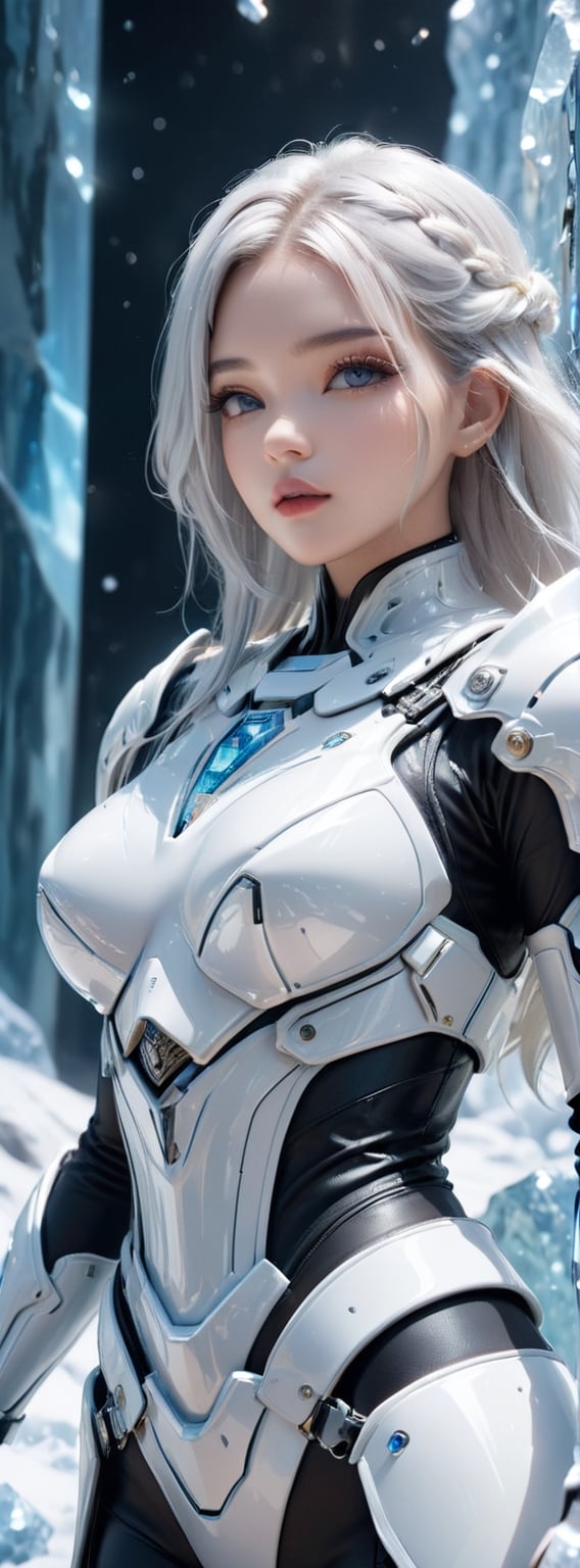 Best quality, high resolution, 8k, photorealistic, sharp focus, realistic image of elegant white haired lady, blue eyes, the lady wearing white future armor, shiny skin, ice theme, Blury_light_background, EpicSky, 1 girl