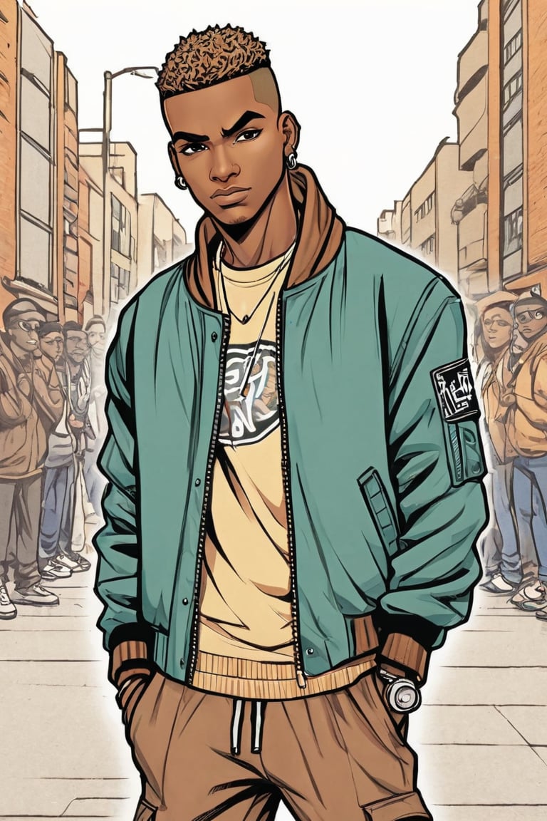 A color pen ink-manga-style illustration of a brown-skinned male street dancer with on side shaven and blunt cut, gazing directly at the viewer. He sports a pose in a varsity jacket, Tee with loose cargo pants, one eyebrow piercing, and a confident expression. The background is a pavement scene, adding to the urban atmosphere. The focus is solely on his dance, framed by a subtle border. His official alternate hairstyle adds an edgy touch to this 2 tone chromatic portrait.