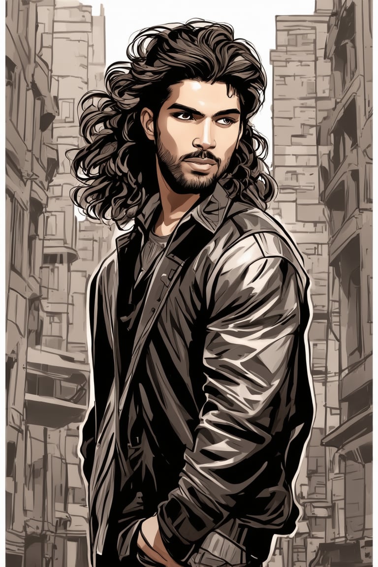 A captivating manga-inspired portrait of a ravishing young Indian man, set against a moody sepia-toned cityscape. His long wavy locks cascade down his back. He stands confidently, exuding self-assurance and poise, with features defined by bold lines. Trendy attire complements his striking built as he dominates the monochromatic backdrop, with subtle shading of grey hues creating a dramatic contrast that emphasizes the 2-tone artistry.