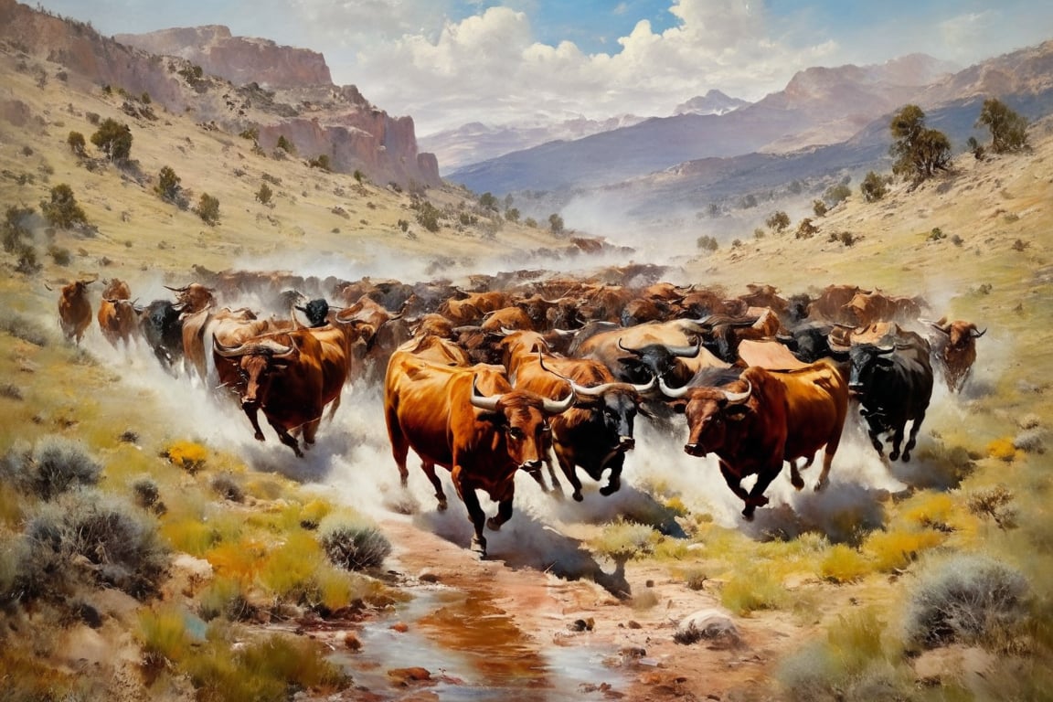 an oil painting masterpiece: a herd of wild bulls being chased by cowboys on their horsex, the grand western terrain in all its splendour is brought to life in this majestic scene, master brushstrokes, enliven the image.